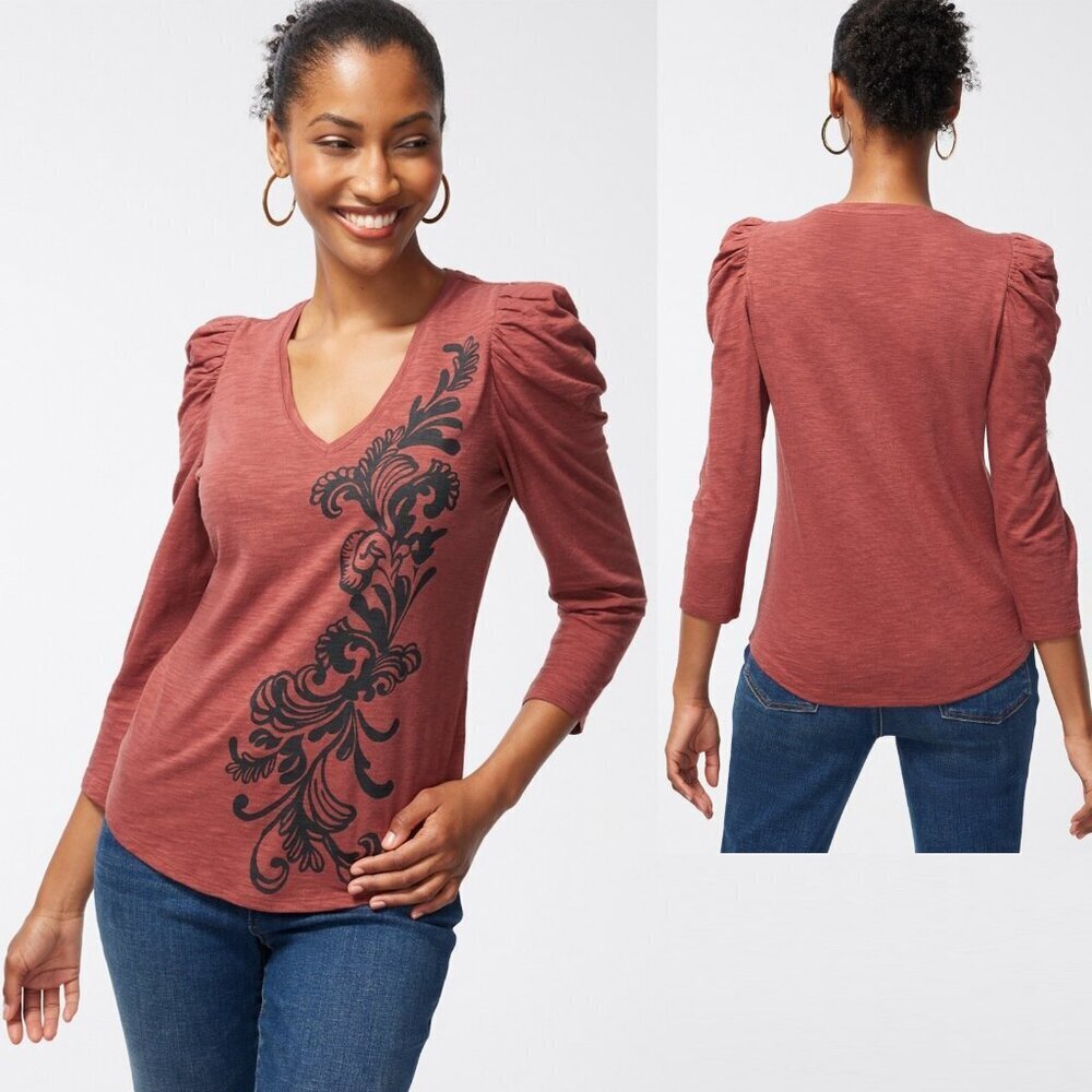 New Chico's Scroll Print 3/4 Sleeve Romantic Tee Size 0 US S